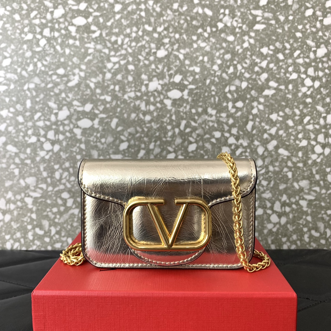 Valentino Garavani Loco Micro Bag in Gold Calfskin Leather with Chain